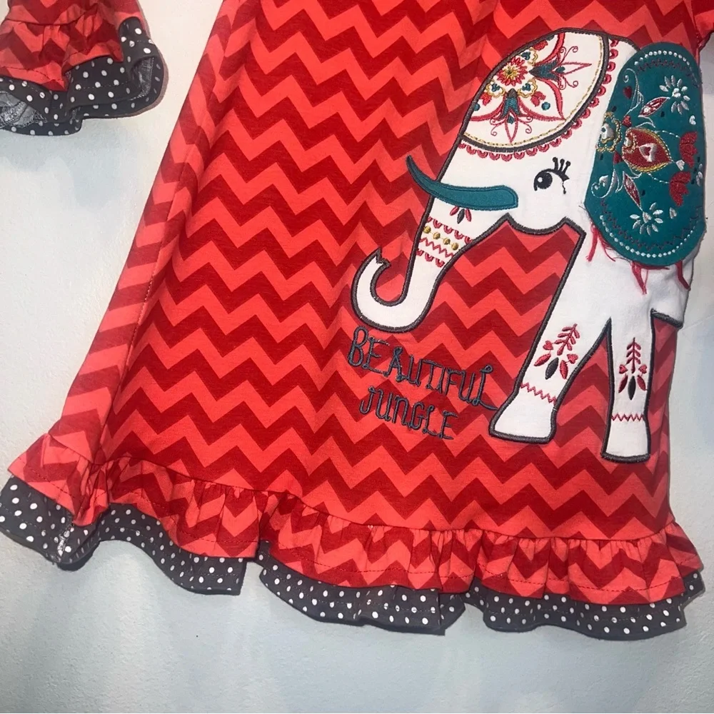 Counting Daisies Girls Orange Teal Long Sleeve Elephant Embroidered Dress Sz 4
